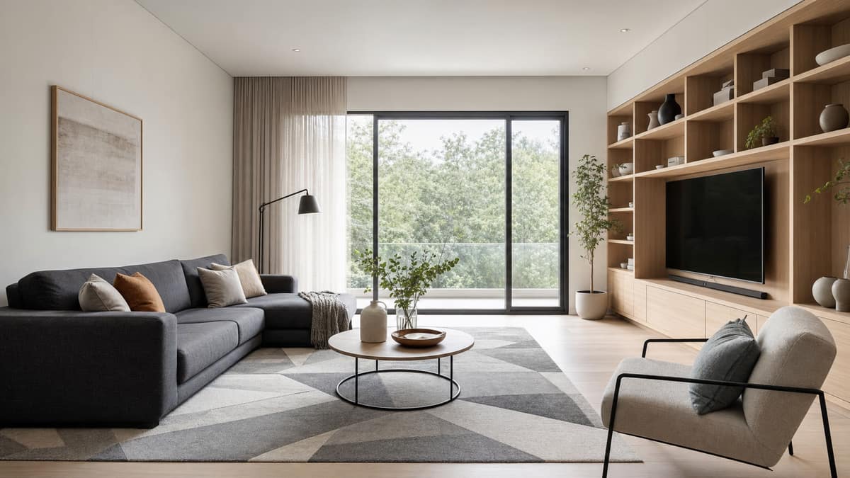 Contemporary living room with a charcoal sofa, geometric rug and pale timber shelving