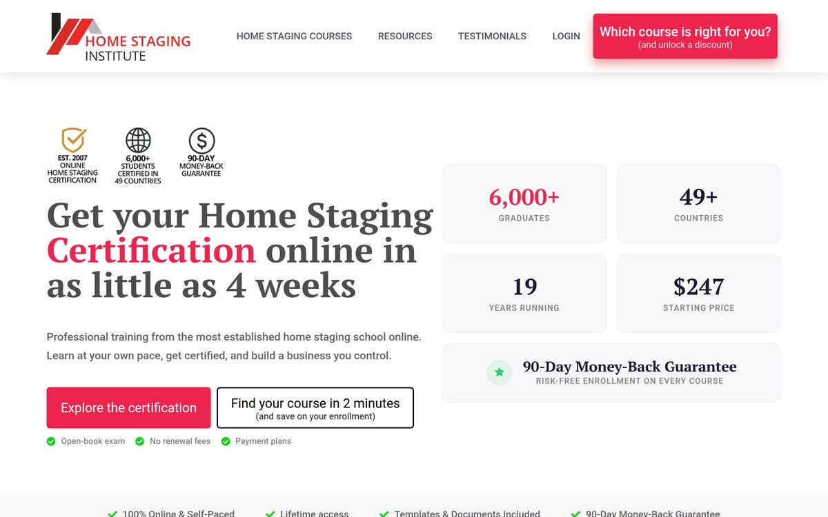 The Home Staging Institute homepage, showing its certification course and pricing